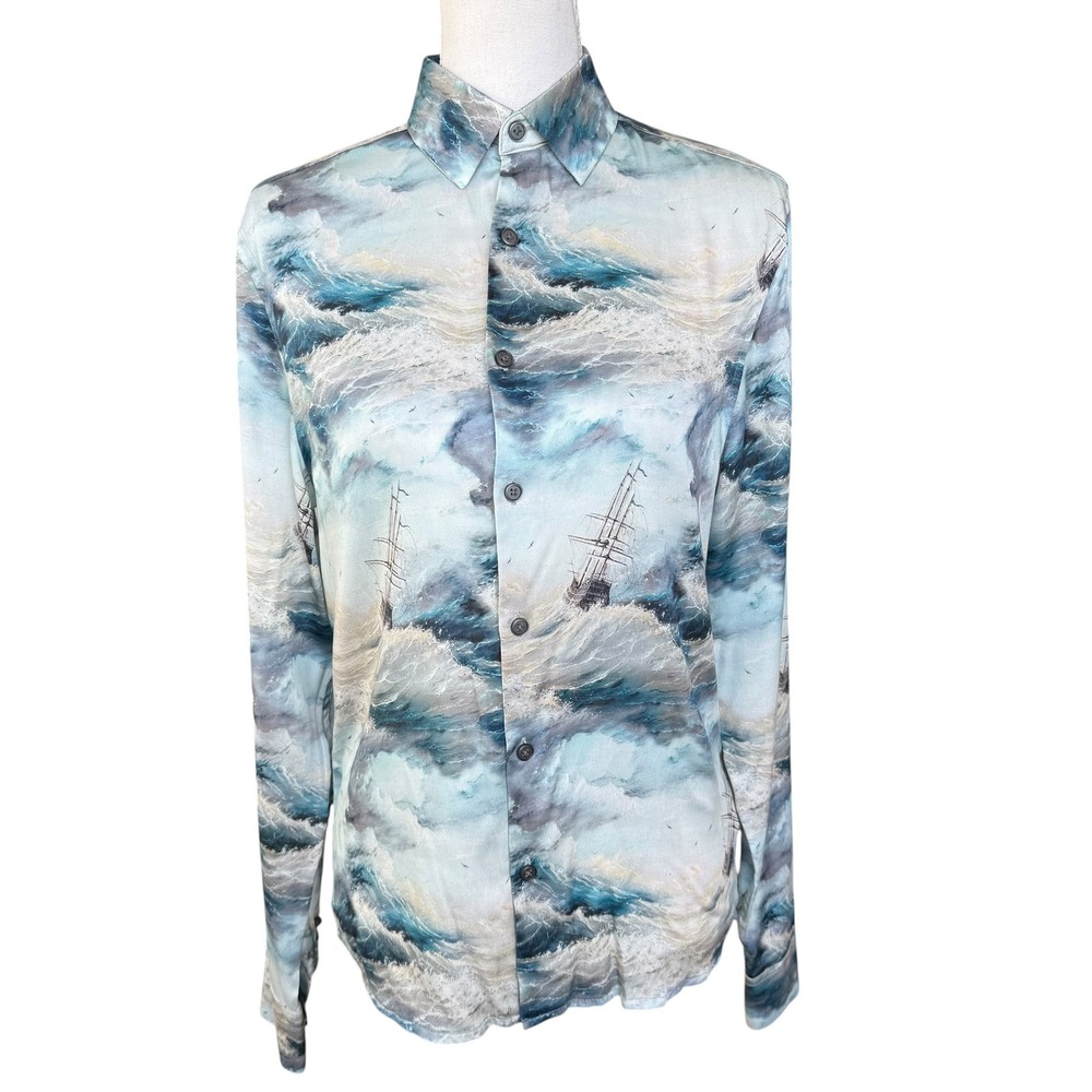 Topman Premium Mens XS Slim Fit Nautical Ship Stormy Ocean Wave Print Shirt Blue